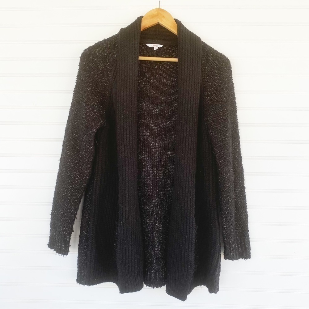 Candie's Open Front Cardigan Size L Black Shawl Collar Chunky Mixed Knit Sweater